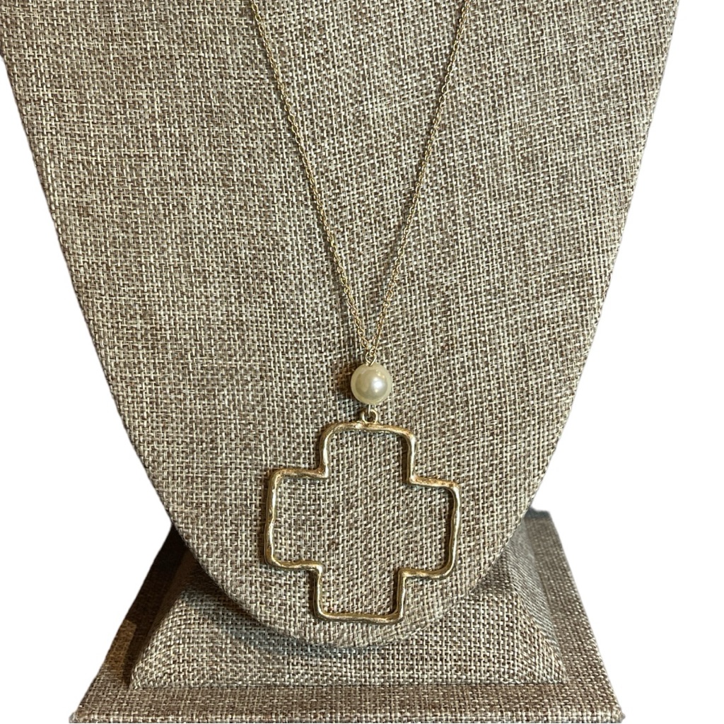 Gold Tone Adjustable Pearl & Open Cross Necklace New